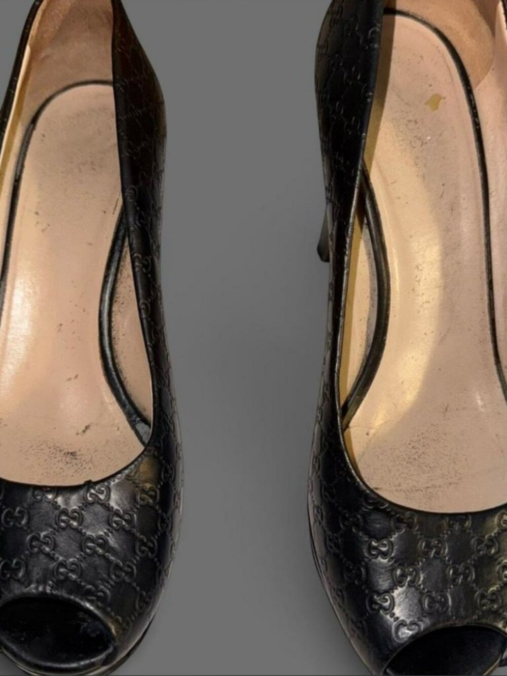 Gucci Black Peep=toe Block Heels Embossed Pumps Monogram Guccissima - Picture 2 of 10